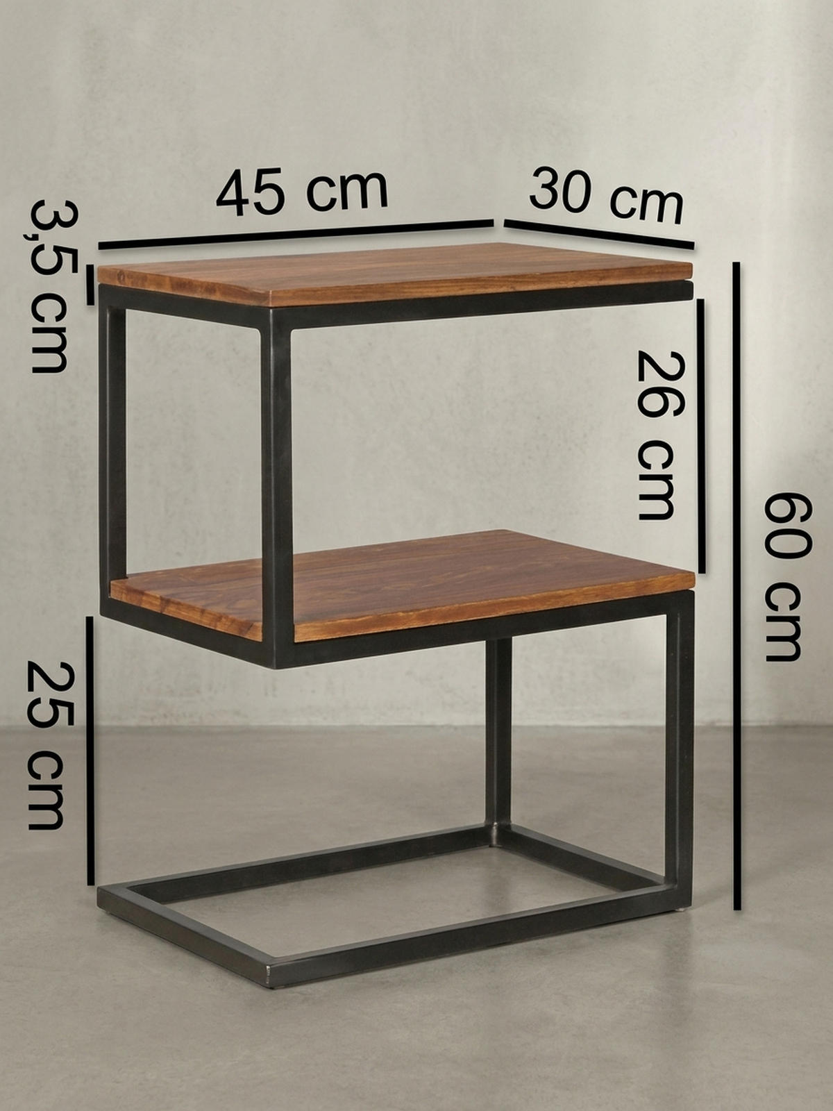 BEISTELLTISCH Massivholz S-Design Metallgestell Ablageflächen INDI, Braun 45x30x60 cm - Schwarz/Braun, Holz/Metall (30/45/60cm) - KADIMA DESIGN