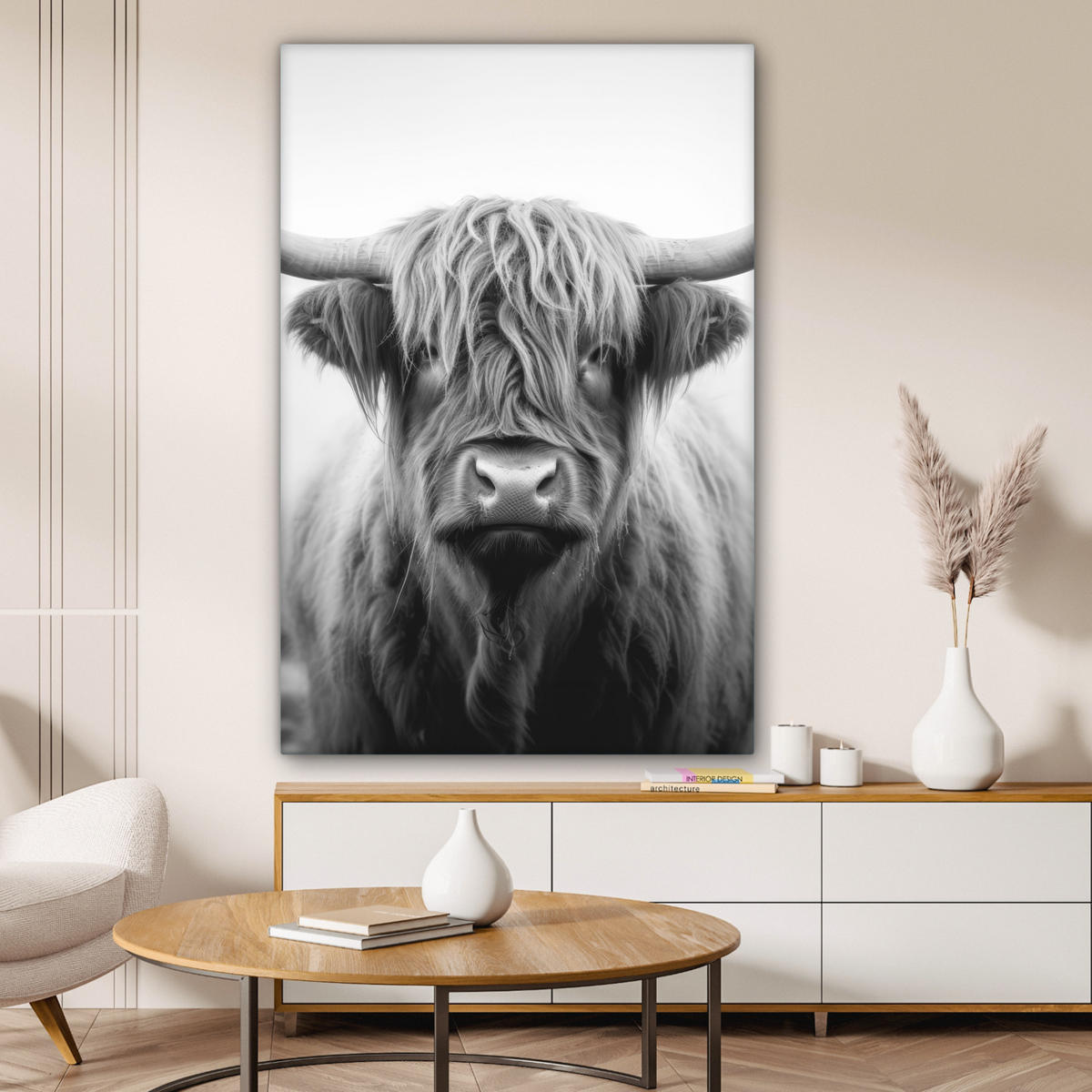 LEINWANDBILD - Schottischer Highlander - Nebel - Schwarz - Weiß - 80x120 - Wanddeko - Grau, Textil (80/120cm) - MuchoWow