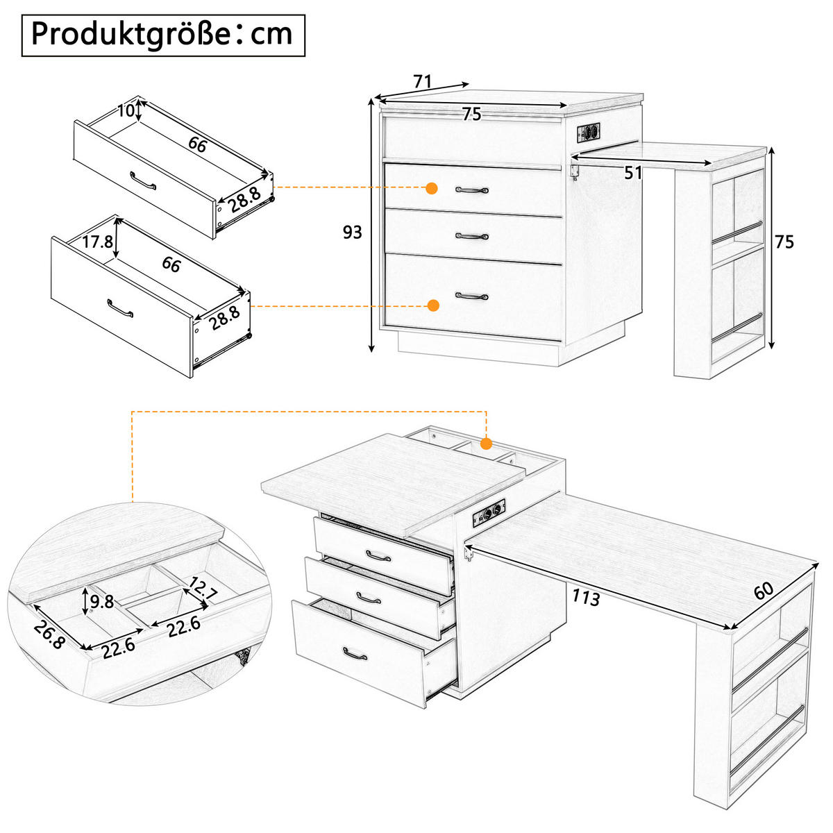 KÜCHENINSEL 125.5-187.5x71x93 cm Blau mit LED-Beleuchtung & Ladestation - Blau, Holzwerkstoff (187.5/93/71cm) - Modfu