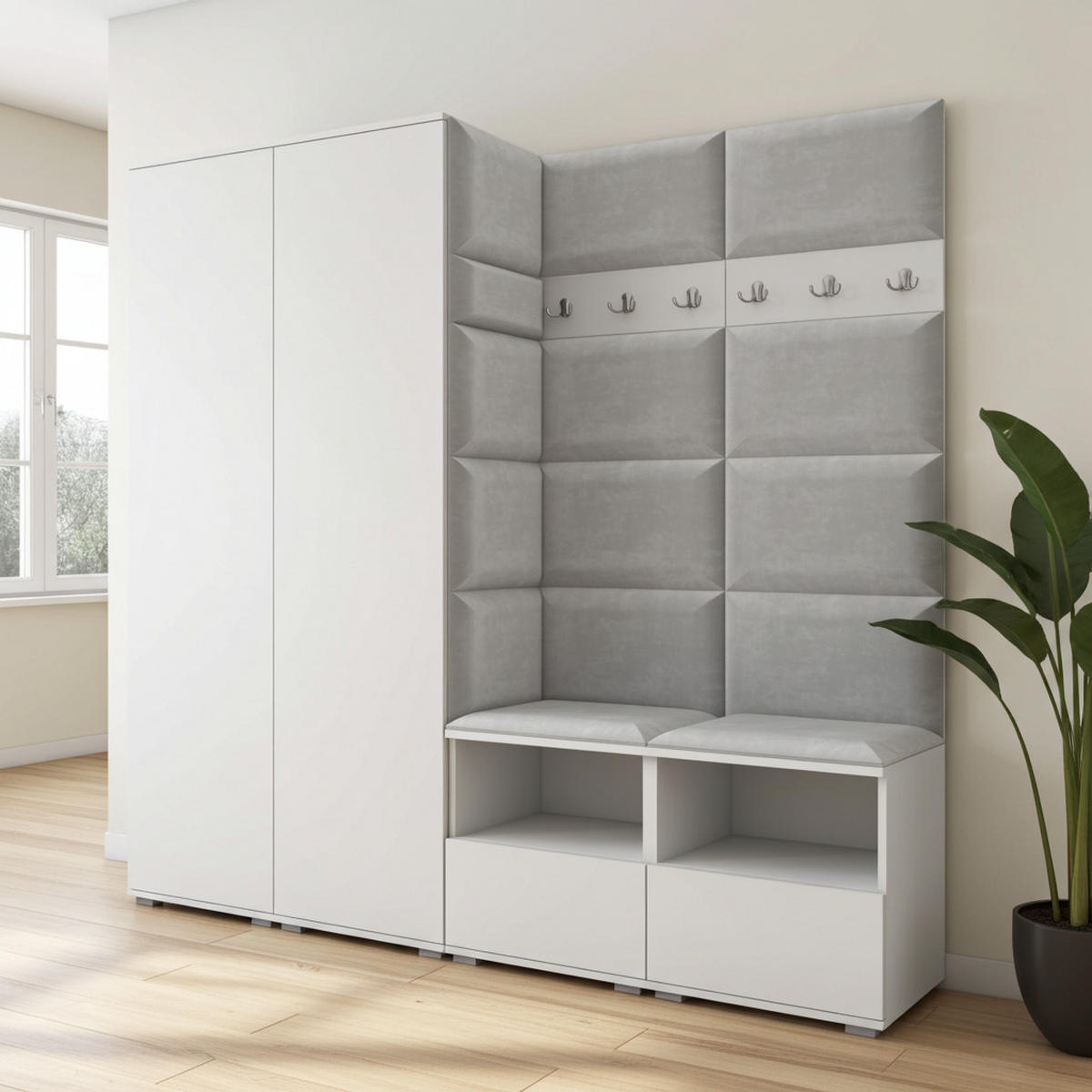 GARDEROBE NELA VI 200 cm (Kompaktgarderobe Weiß mit Sitzpolster Hellgrau 32 Schrank & Paneel) - Silberfarben/Hellgrau, Holz/Holzwerkstoff (200/187/40cm) - Ravio