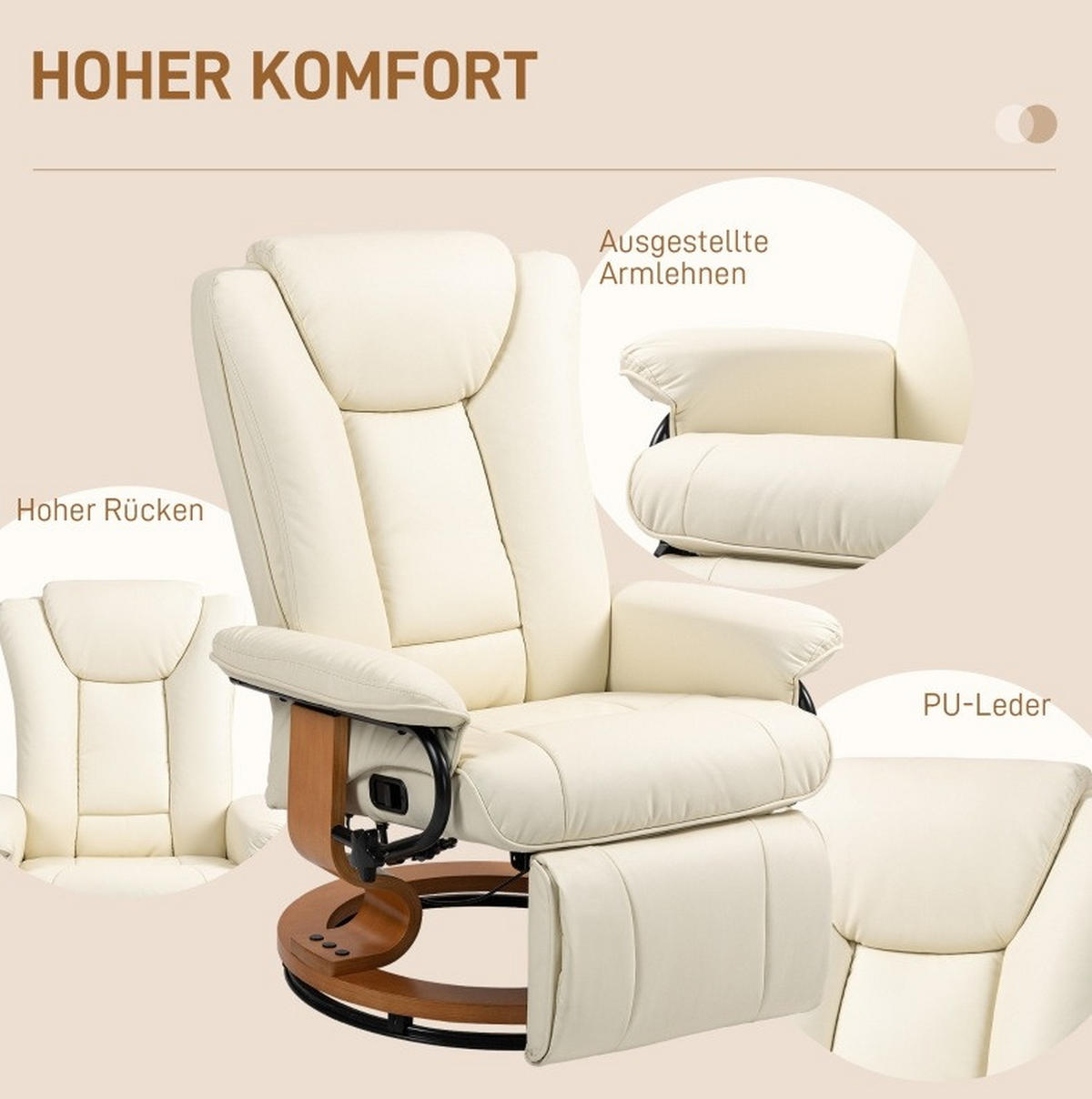 DREHBARER Relaxsessel in Cremeweiß 88x78x103 cm mit Liegefunktion und Fußstütze - Creme, Kunststoff (78/103/88cm) - IVMEU