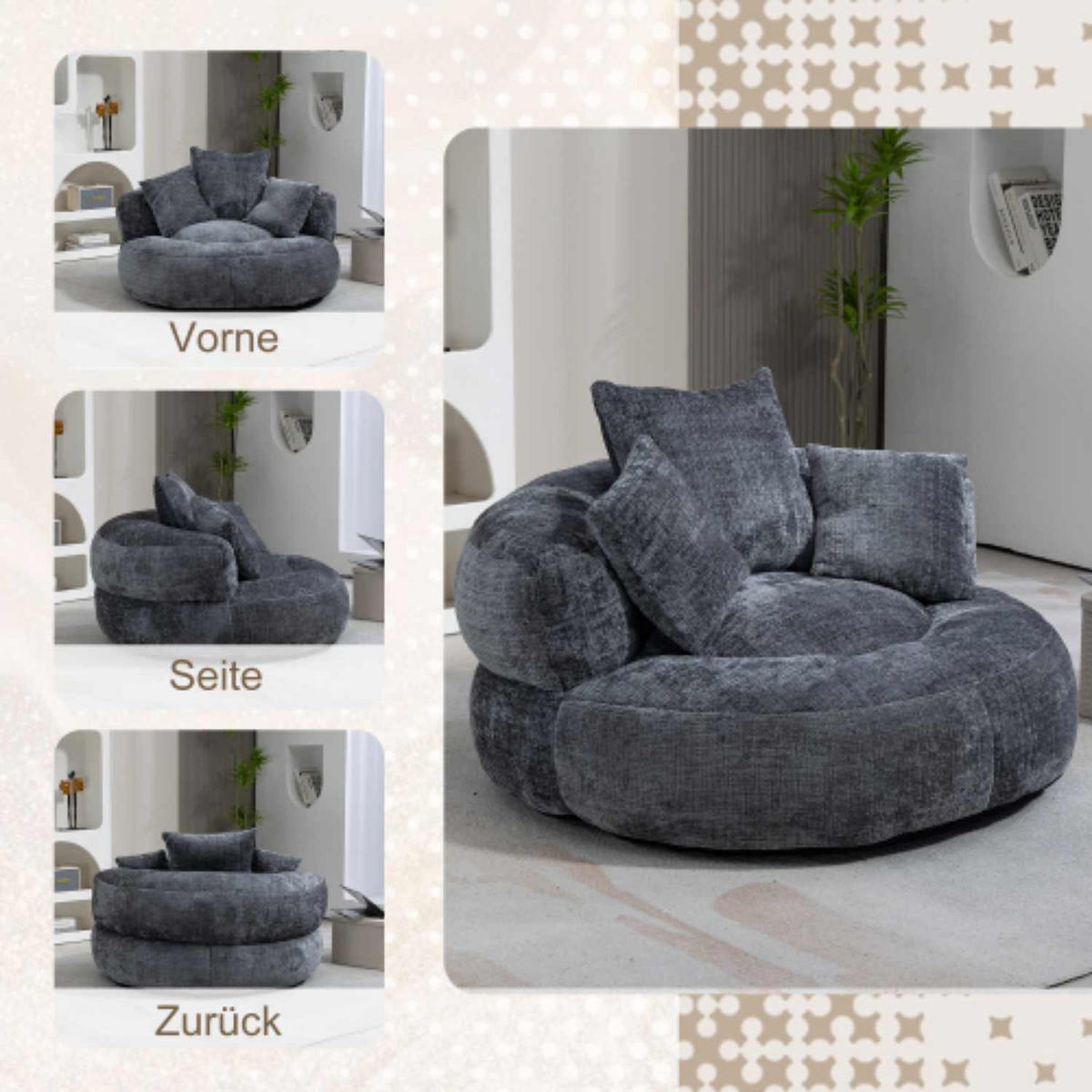 SESSEL Sitzsack Chenille grau 108/108/52 cm für Erwachsene mit Armlehnen - Grau, Textil (108/52/108cm) - OKWISH