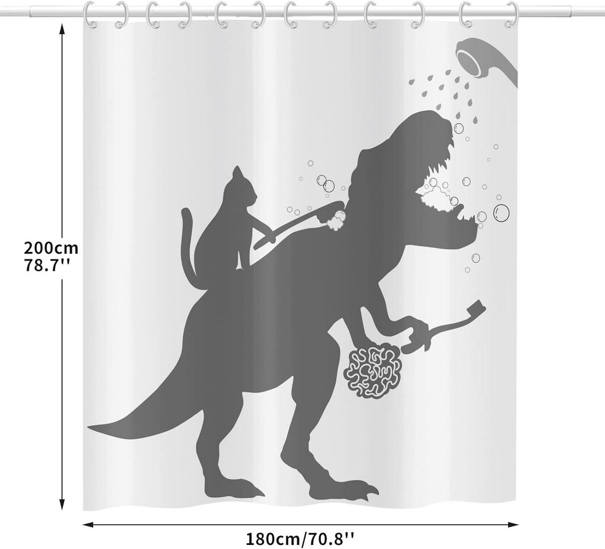 DUSCHVORHANG Weiß Katze Dinosaurier lustig waschbar Stoff mit Haken - Weiß, Textil (200/180cm) - MCBOSON