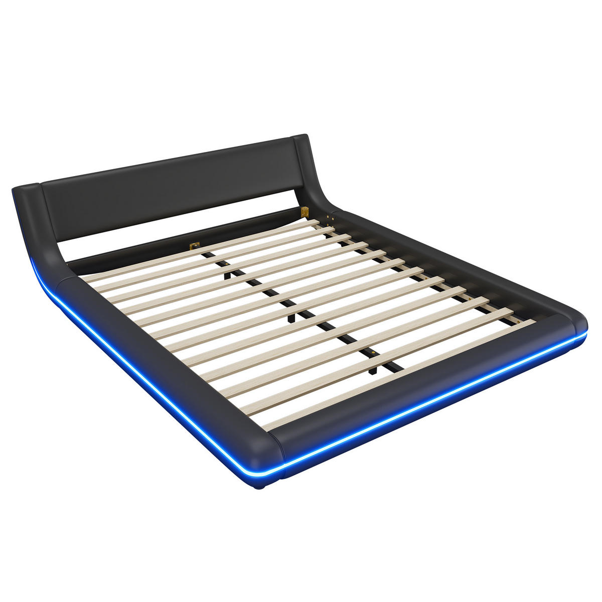 BODENBETT 160/200 cm Schwarz mit LED-Umgebungslicht aus PU - Schwarz, Kunststoff (160/200cm) - OKWISH