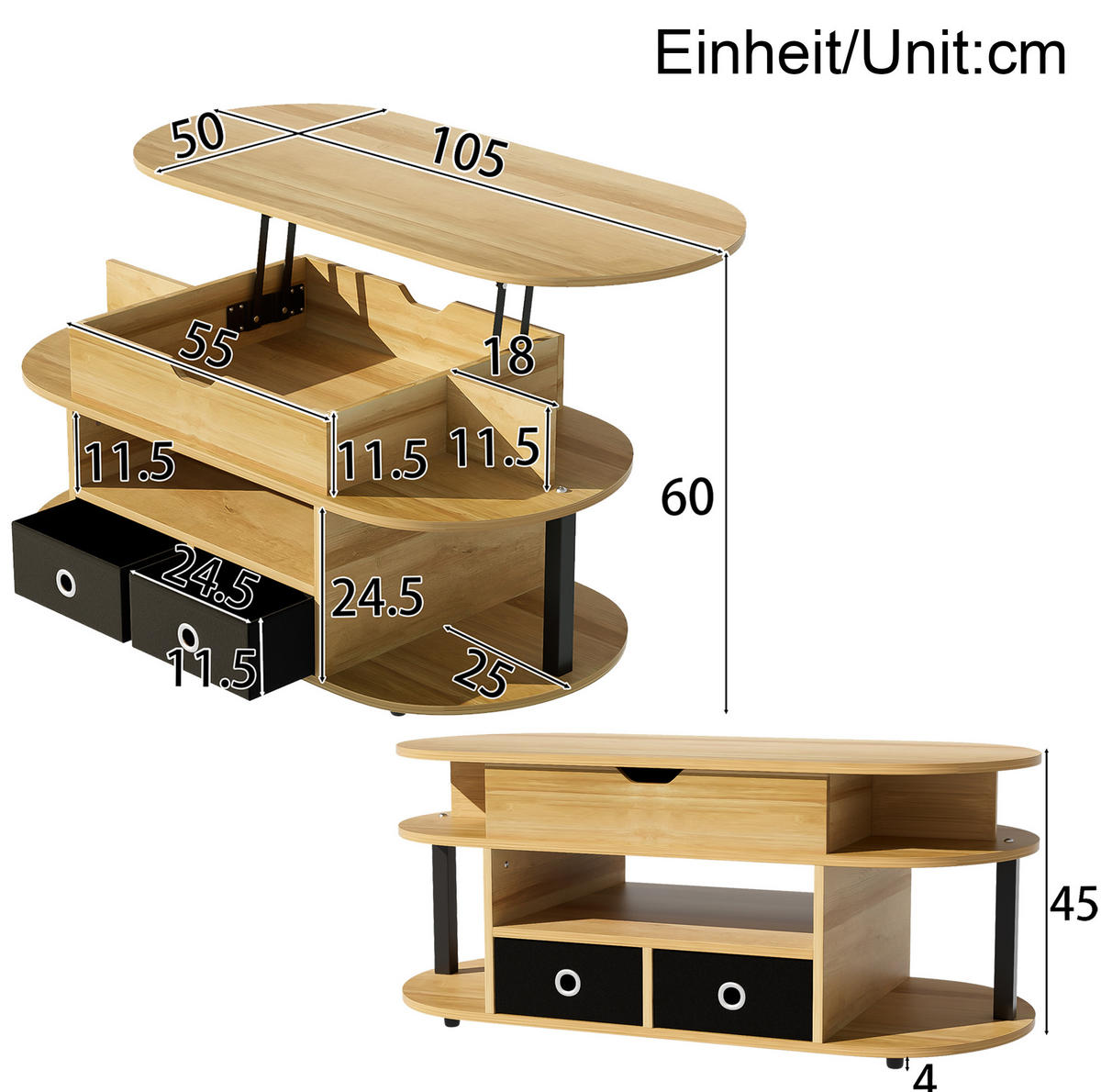 COUCHTISCH 105/50/45/60 cm aus Holzdekor in Schwarz mit Hebefunktion und Stauraum - Schwarz, Holzwerkstoff (105/50/45cm) - OKMYHOME