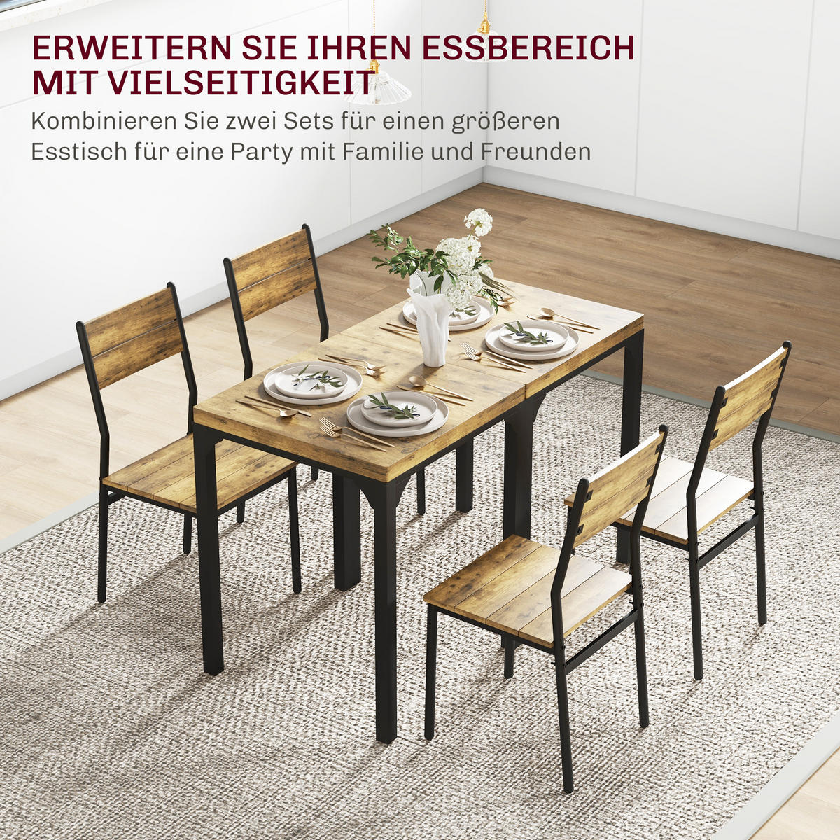 3-TEILIGE Essgruppe Küchentisch mit Metallgestell Esszimmergruppe Sitzgruppe - Braun, Holzwerkstoff (60/76/60cm) - HOMCOM