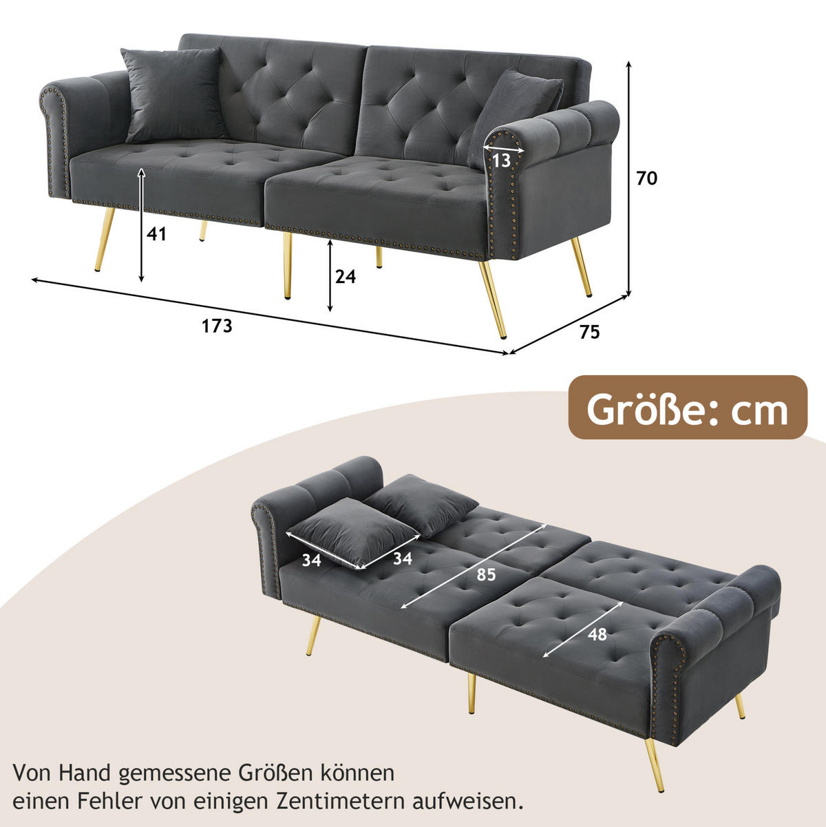 SCHLAFSOFA mit Schlaffunktion 147 x 85 cm Samt Antique Gray 2er-Kissen - Grau, Kunststoff (173/70/75cm) - Meubliv