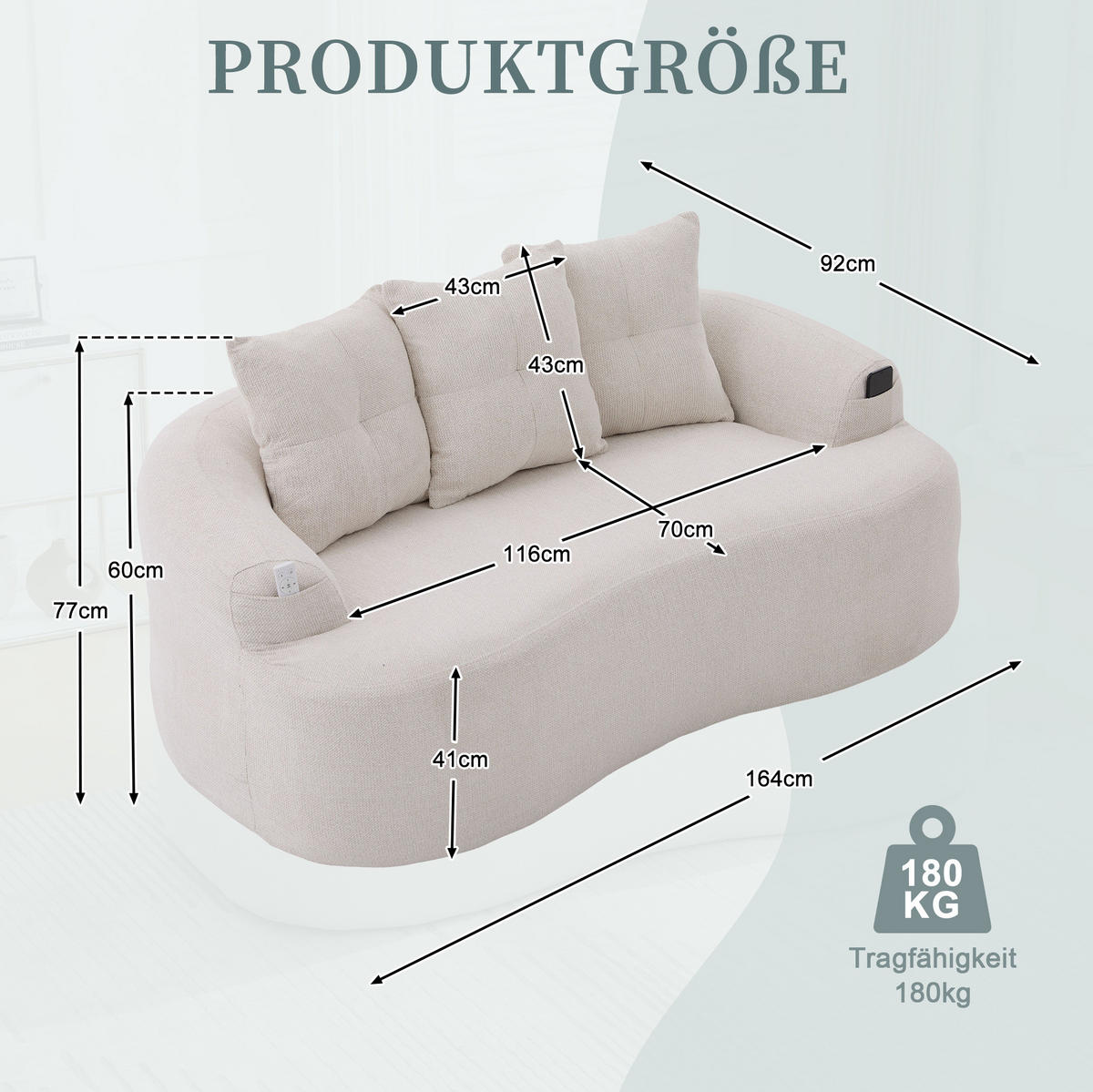SOFA 2-Sitzer in Beige Chenille 164 x 92 x 60 cm - Beige, Holzwerkstoff (164/60/92cm) - Meubliv