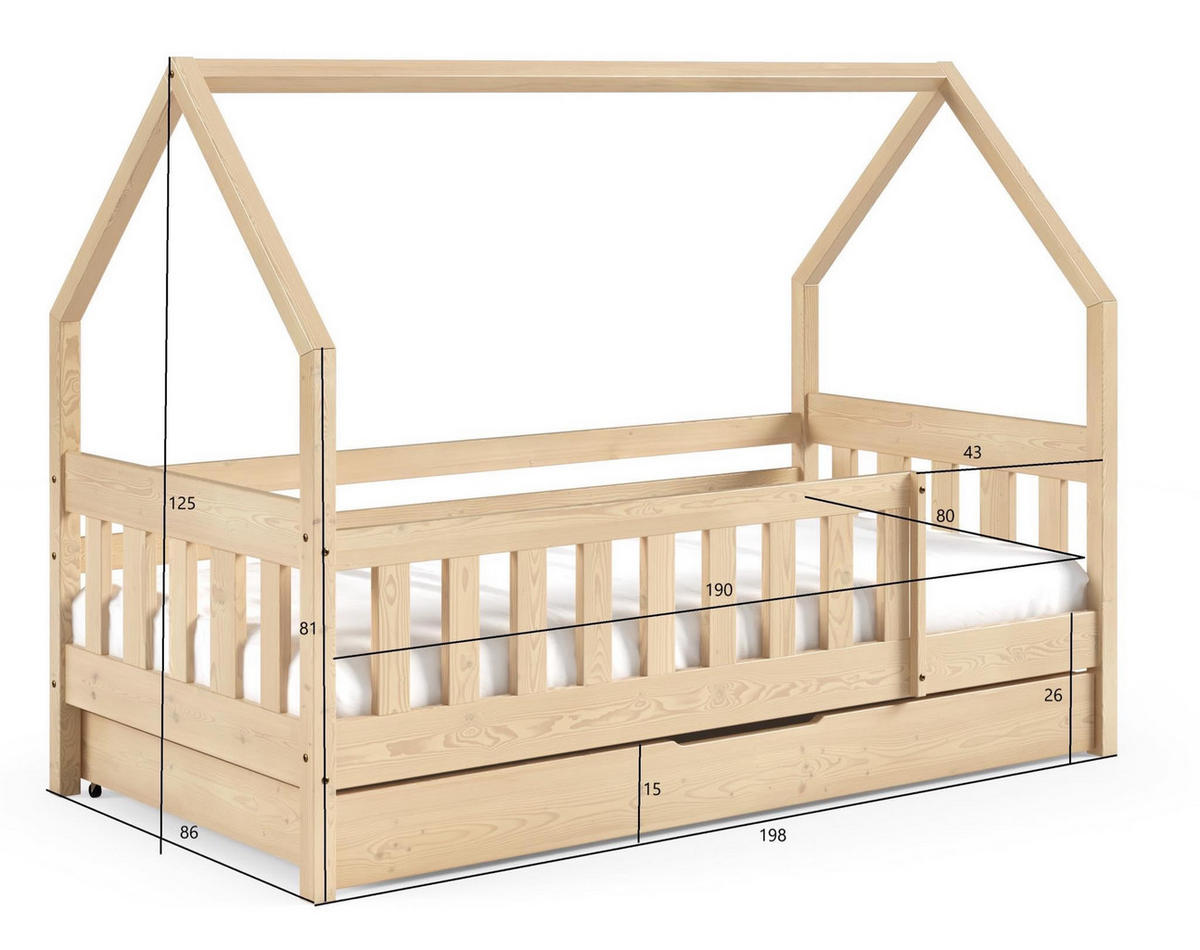 HAUSBETT Mickey mit Matratze, Rausfallschutz und Schublade (Grau, 160x80 cm) - Grau, Holz (80/125/160cm) - VENASI MÖBEL