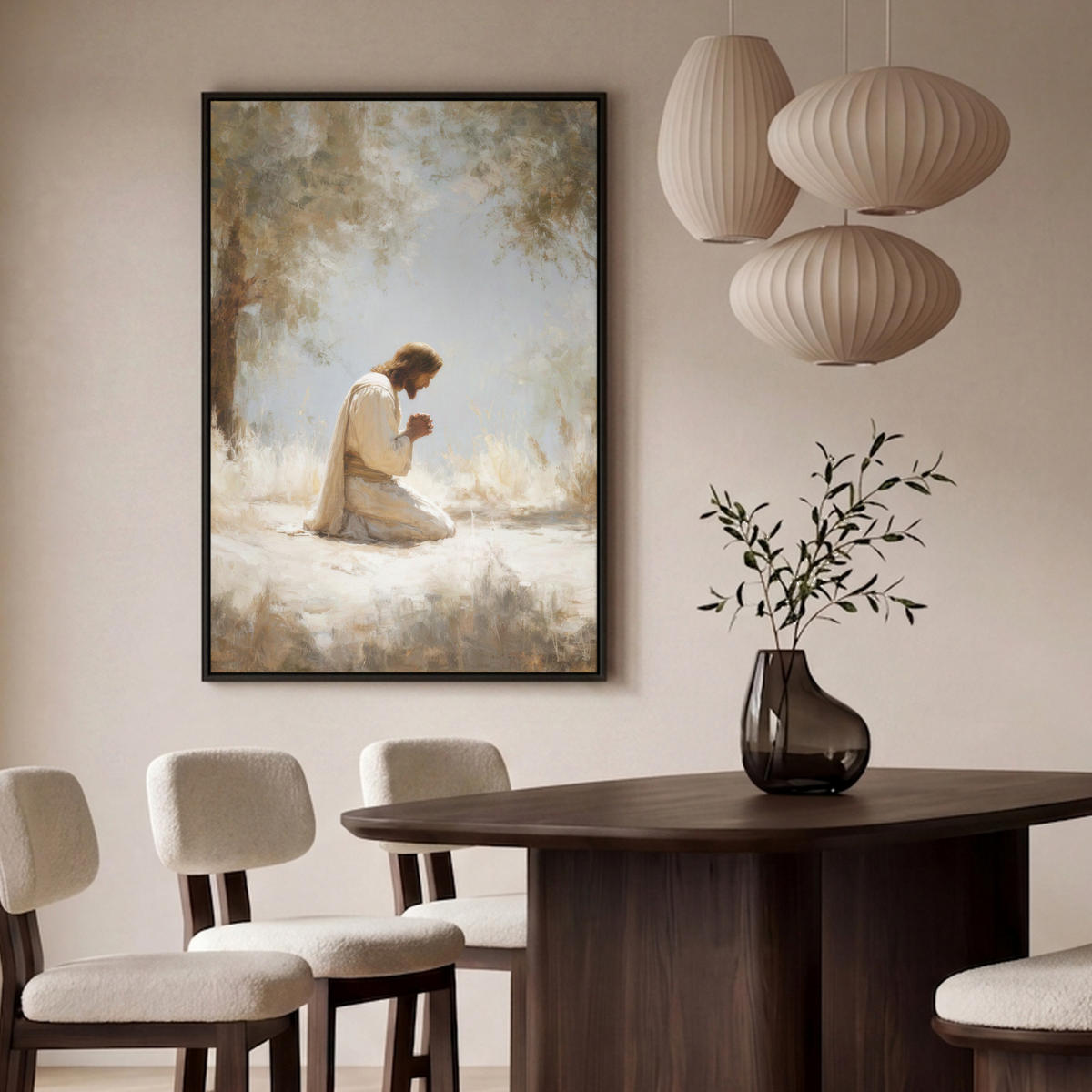 LEINWAND Bilder mit Rahmen - Jesus - Kniend - Waldlandschaft - Betend - 80x120 - Beige, Textil (80/120cm) - MuchoWow