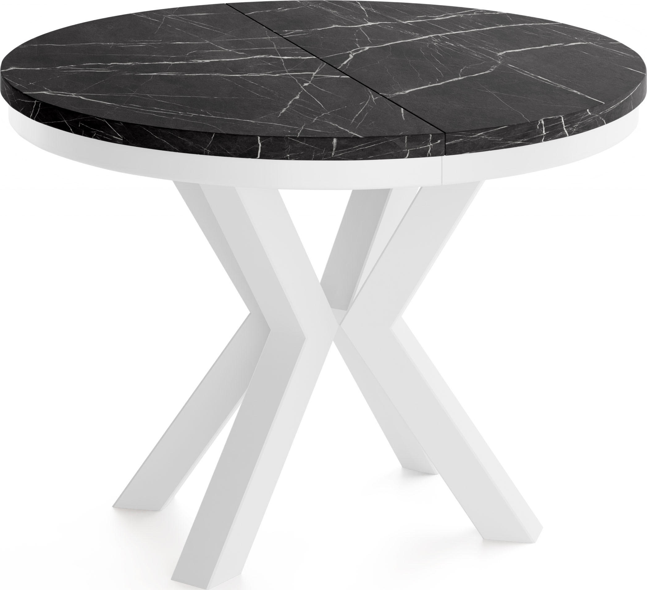 ESSTISCH Clara Weiß runder ausziehbarer, Marmor Schwarz 100-180/100/76 cm - Anthrazit/Weiß, Holzwerkstoff/Metall (100/100/76cm) - WFL GROUP