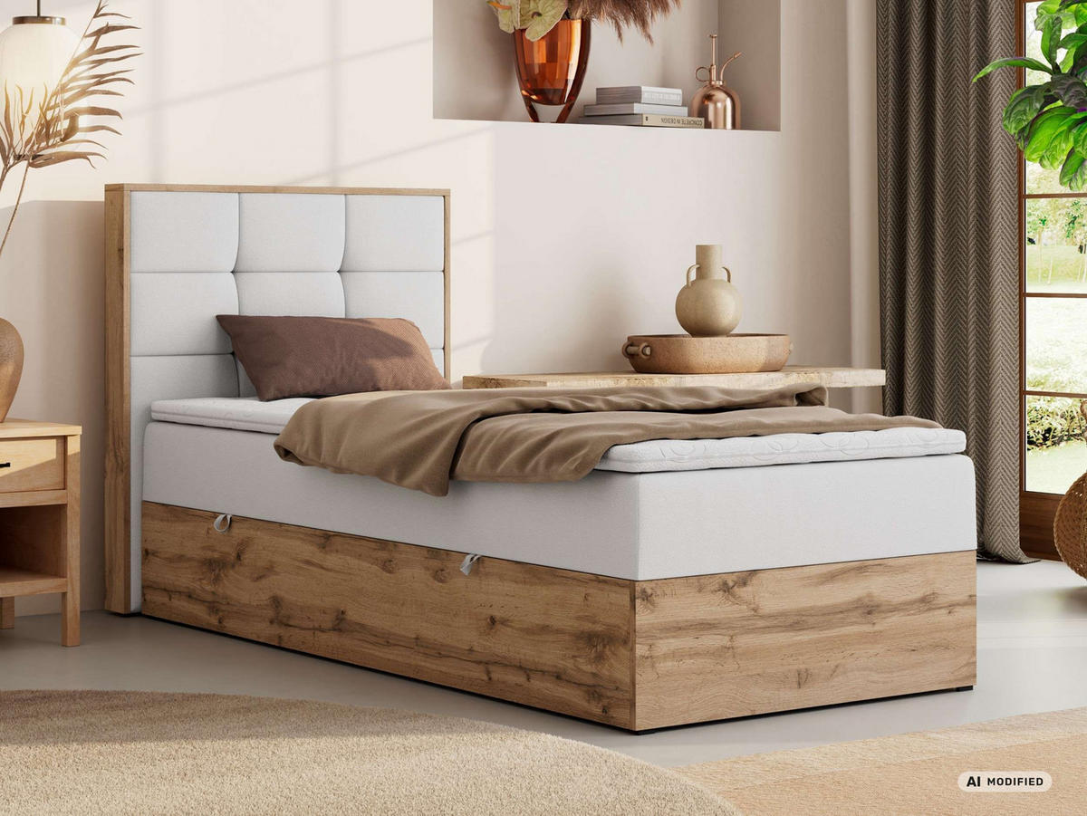 BOXBETT ALBERO 1 90/200 - Weiß Kunstleder - Topper T25 - H3 - Links - Schwarz/Weiß, Kunststoff/Textil (90/200cm) - MKS