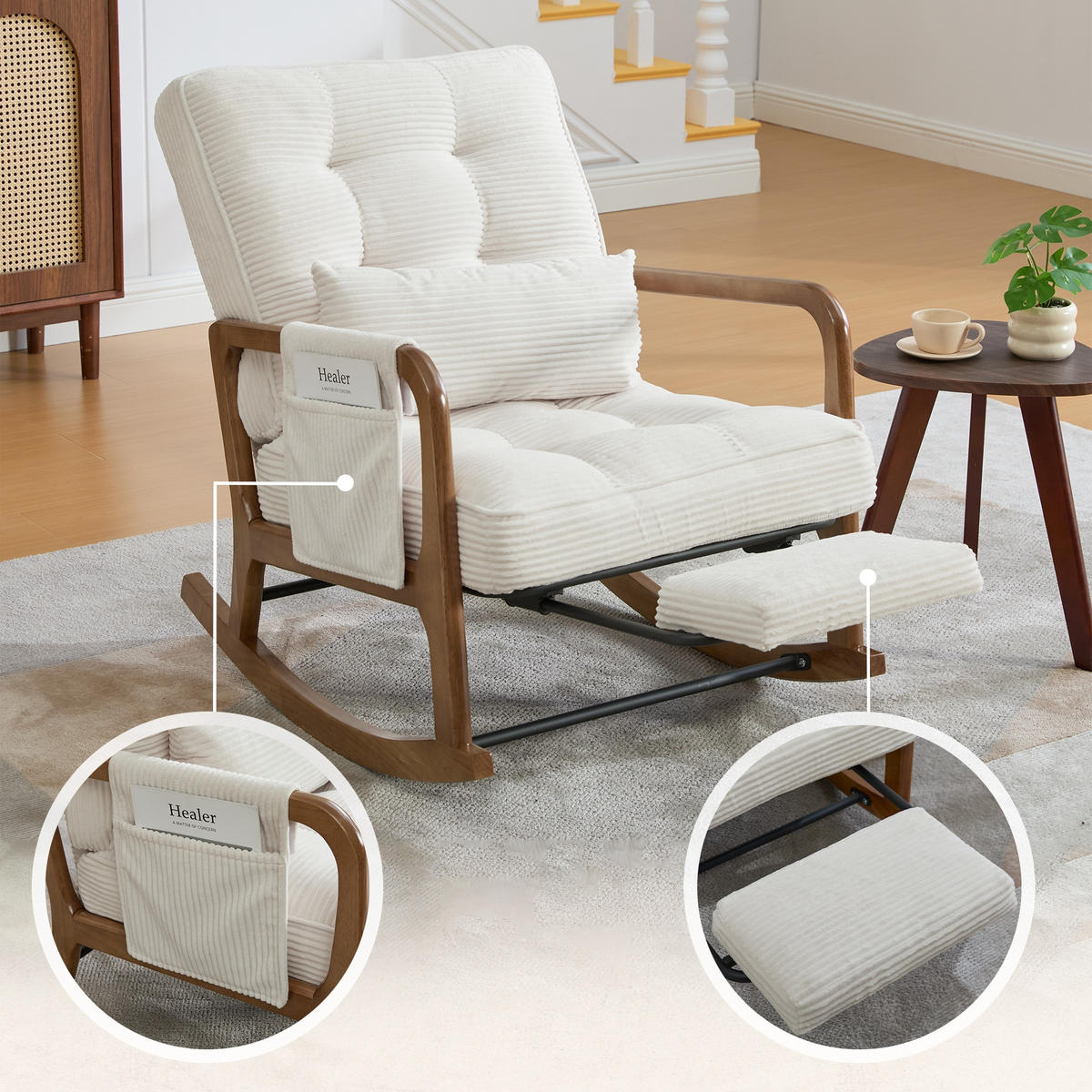 SCHAUKELSTUHL Beige Cord mit Fußstütze, Seitentaschen und verstellbarer Lehne - Beige, Textil (80/92/70cm) - Oxeza