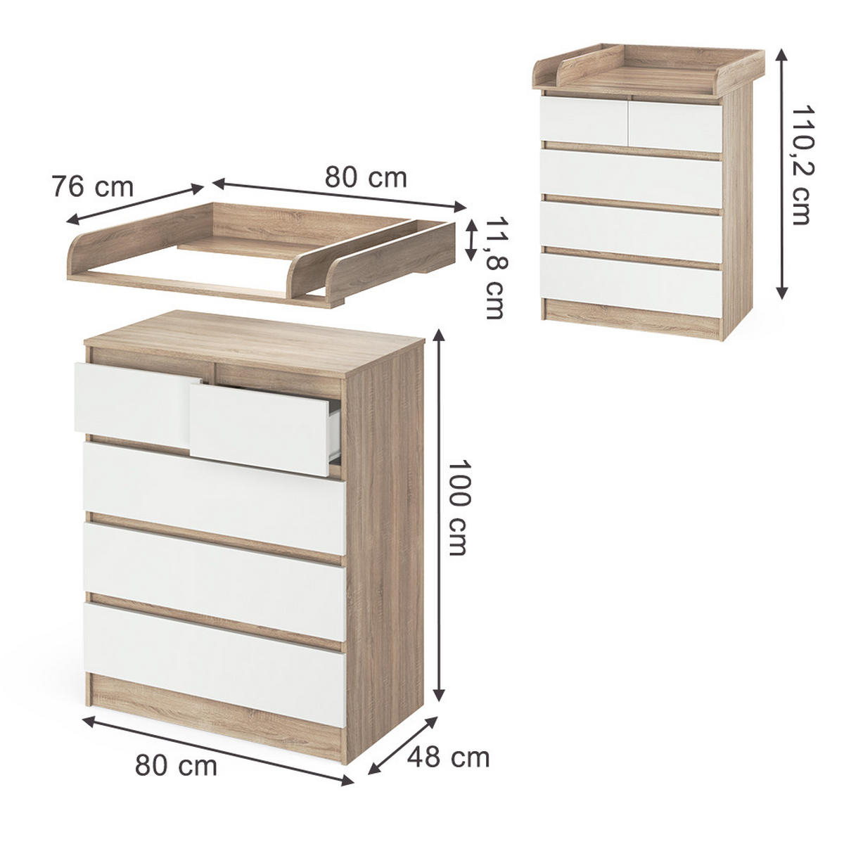 KOMODA ZA PRESVLAČENJE Emma Sonoma/Bijelo 80 x 110.2 cm s 5 ladica - bijela/hrast Sonoma, drvni materijal (80/110.2/76cm) - Vicco