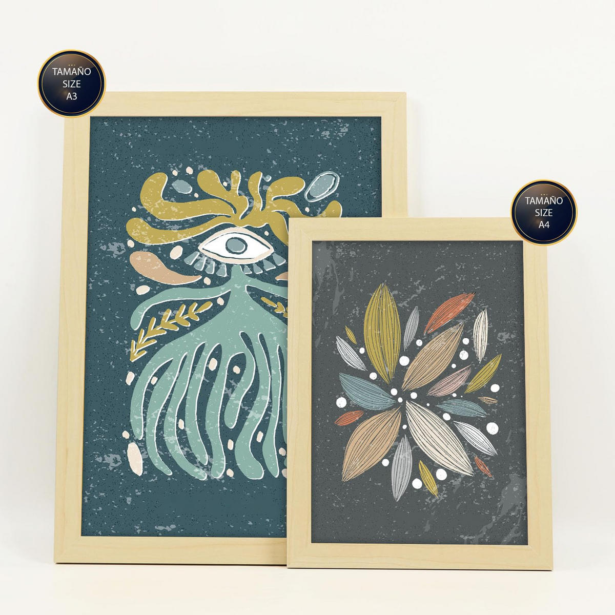 POSTER Set Mit 6 Drucken Mit Kalten Tönen In Der Sammlung Ethnischer Style Drucke Dekorative Für Zuhause Wandkunstdruck A3 & A4 Rahmen Aus Hellem Holz - Beige, Papier (29/3cm) - Nacnic