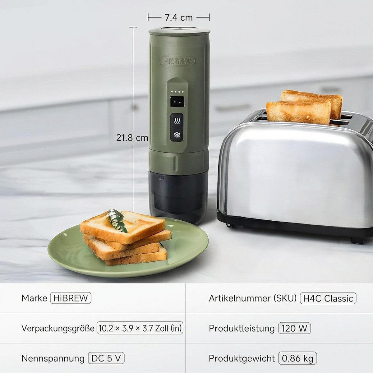 ESPRESSOMASCHINE Tragbare Auto Kaffeemaschine mit Heizfunktion 20 Bar - Grün, Metall (7.5/22/7.5cm) - BEXEVUE
