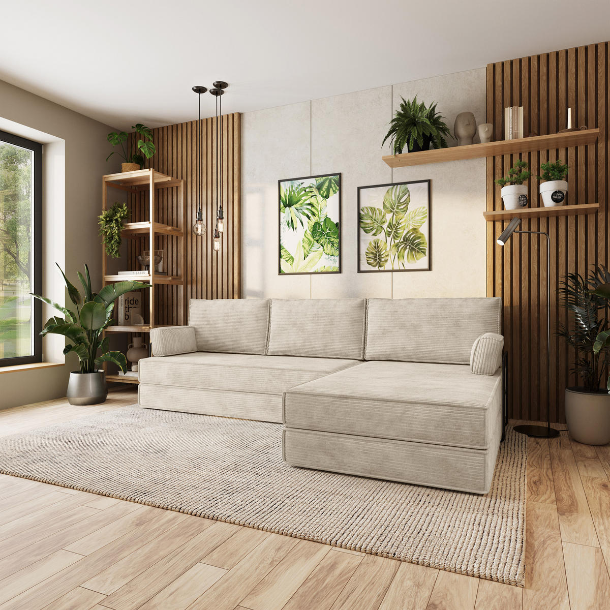 ECKSOFA ANKO modulares Boneless Sofa mit Schlaffunktion Creme Kordstoff - Creme, Textil (270/160cm) - MASSENO