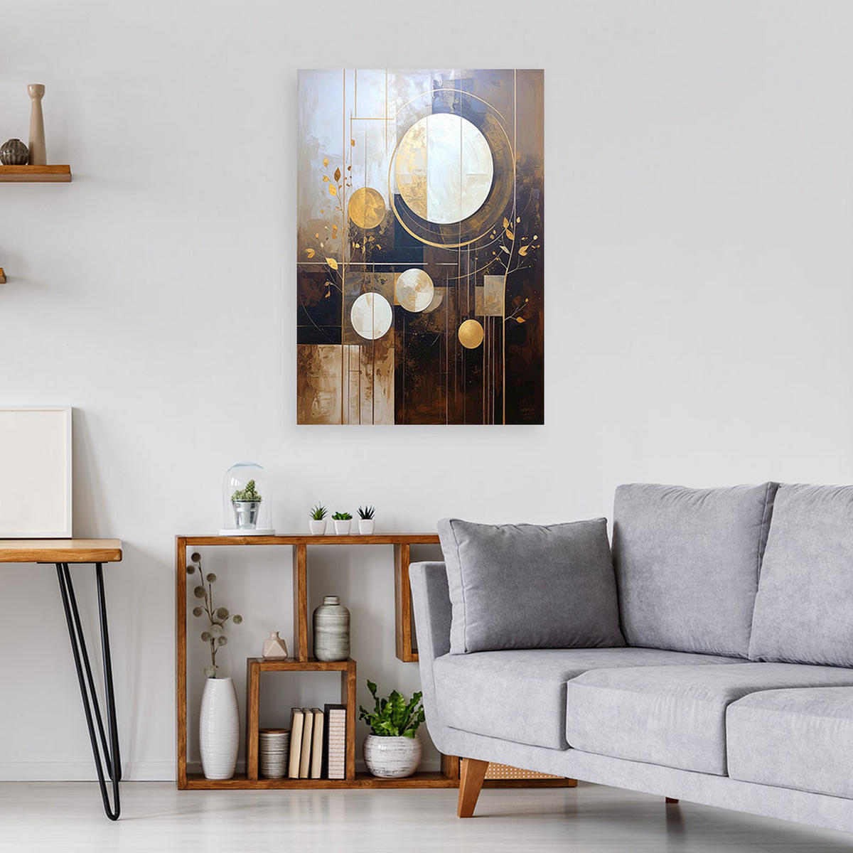 BILD auf Leinwand, Braun-beige Abstraktion mit Kreisen und Blättern - Braun, Textil (60/90cm) - Feeby