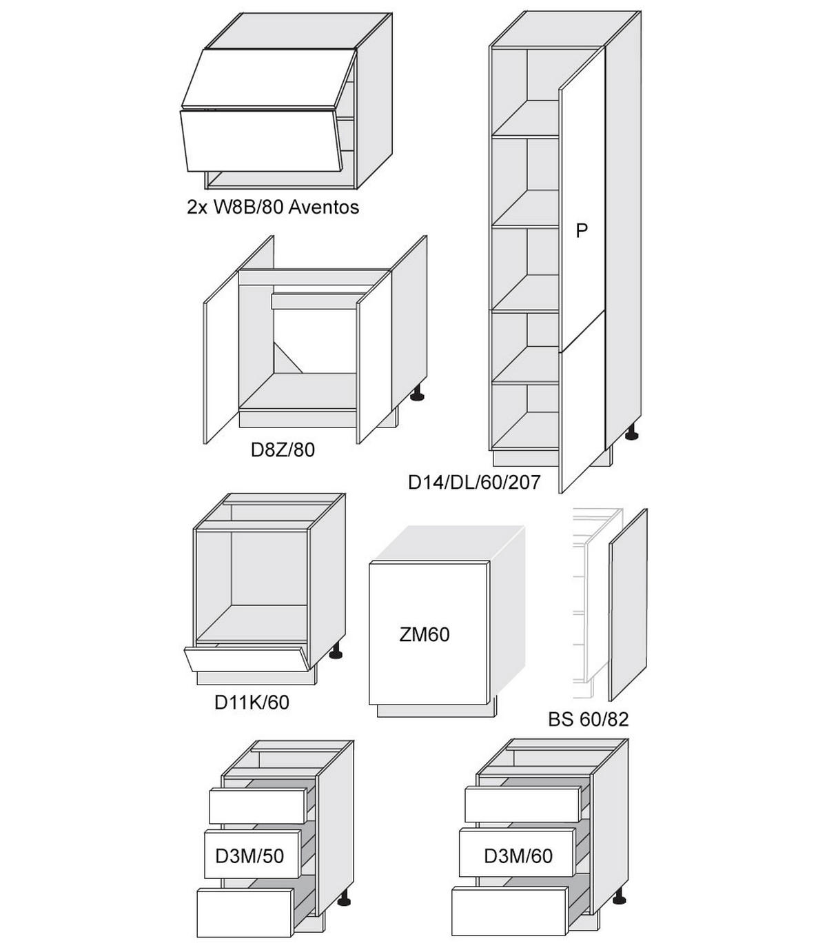 KÜCHENLEERBLOCK Florence weiß / RAL 7015 (K5) schiefergrau matt 372,3 / 60 / 207cm 8-teilig - Weiß/Grau, Holzwerkstoff (392.2/207/59cm) - Feldmann-Wohnen