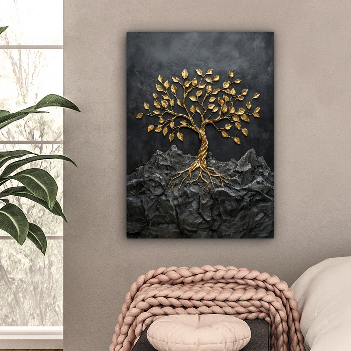 LEINWANDBILD Blätter - Gold - Baum - Fels Wandbild Wohnzimmer 60x80 cm - Schwarz, Textil (60/80cm) - MuchoWow