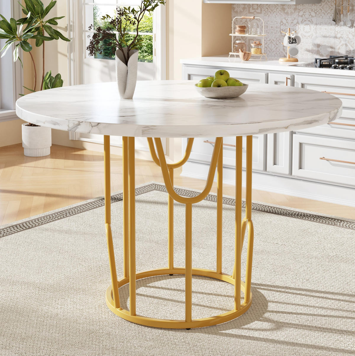 ESSTISCH 80x80x76 cm in Weiß und Gold aus MDF mit Marmoroptik auf goldenen Metallbeinen - Weiß, Holzwerkstoff (80/80/76cm) - Modfu