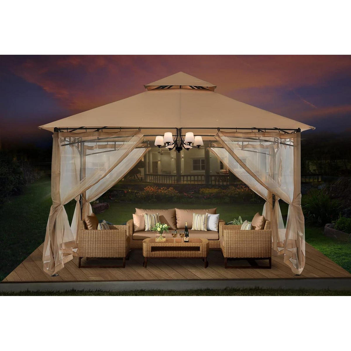 GARTENPAVILLON mit Netz und Doppeldach 3.35 x 3.35 m Beige - Beige, Textil (304.8/280.4/304.8cm)