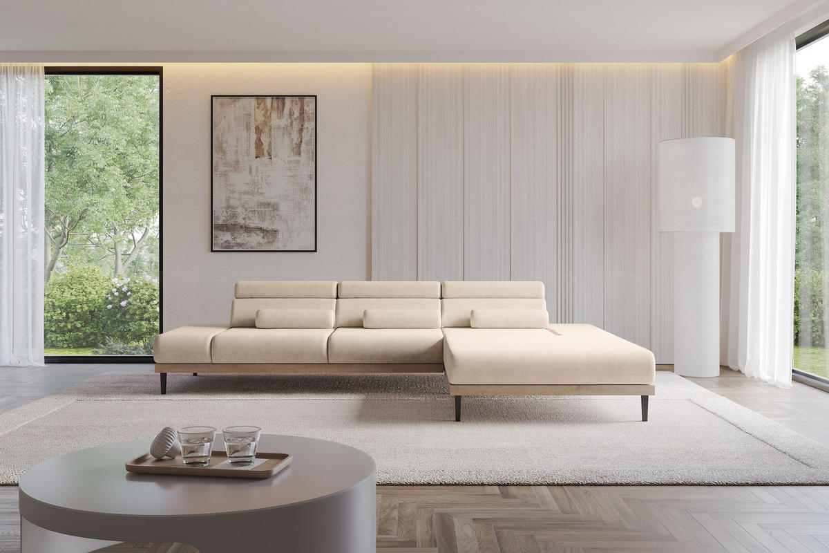 ELEKTRISCHES ECKSOFA Rechts MONA 316x205x85 Beige Velours - Sahara, Holzwerkstoff/Textil (316/205cm) - ALTDECOR