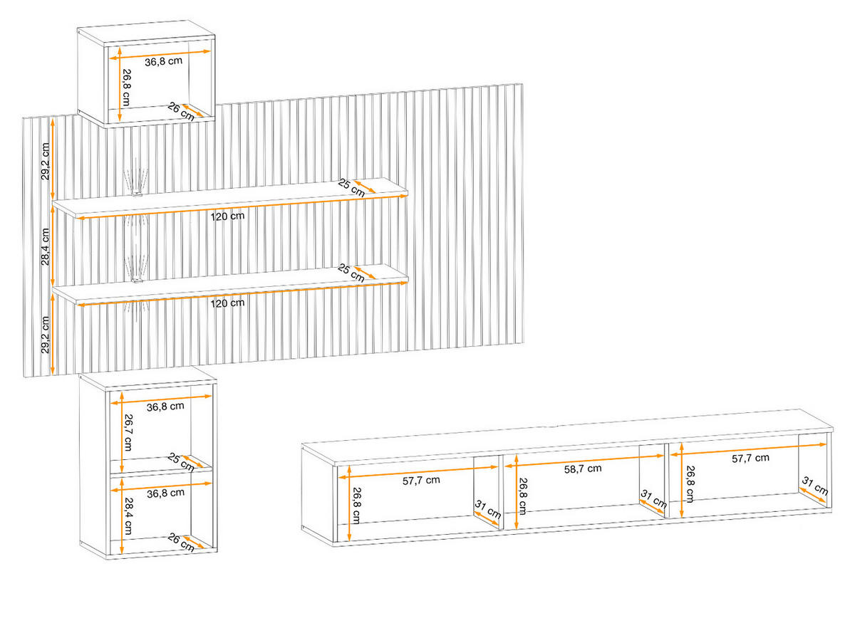 WOHNWAND Sand matt, Eiche Artisan 280 cm, Schrankwand hängend inklusive LED Beleuchtung - Sandfarben/Eiche Artisan, Holzwerkstoff (280/180/45cm) - Furn.Design