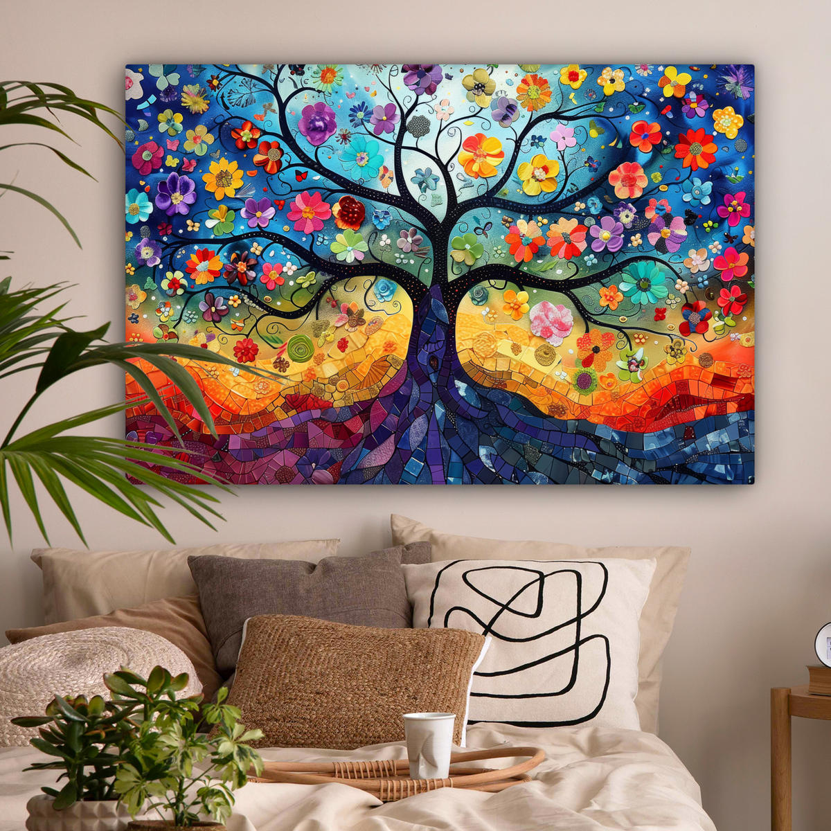 LEINWANDBILD Kunst - Baum des Lebens - Blumen - Hippie Wohnzimmer 120x80 cm - Dunkelblau, Textil (120/80cm) - MuchoWow