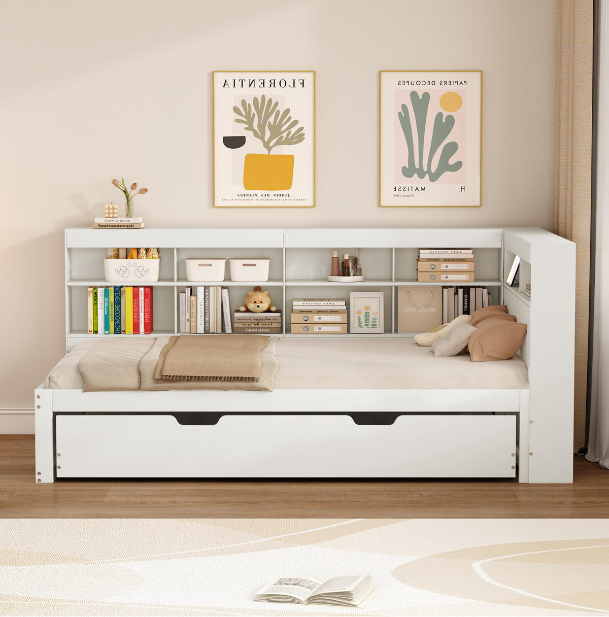 POSTEĽ 90/200 cm drevo biela, výsuvné lôžko, USB a úložné priestory - biela, drevo (90/200cm) - BEAOK