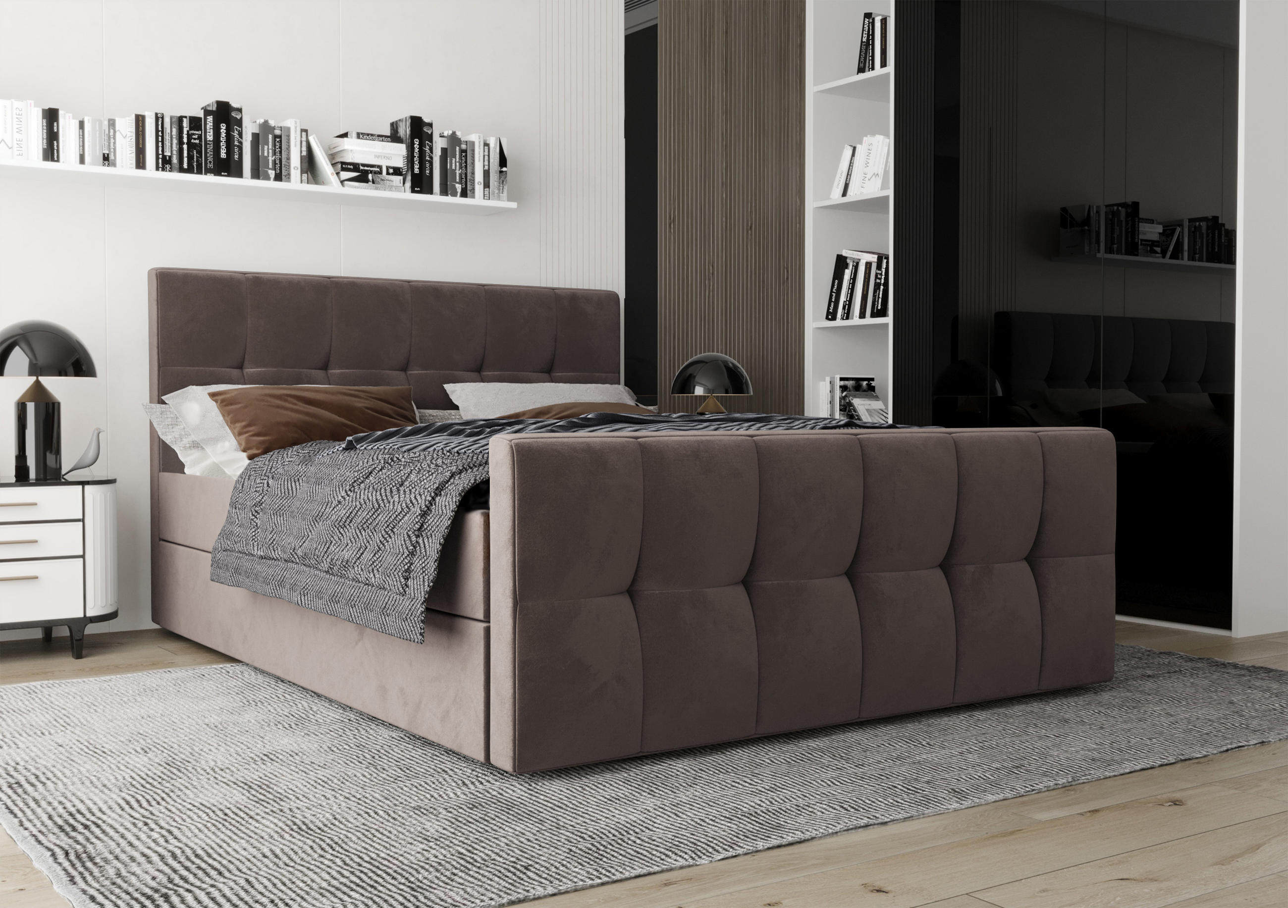 BOXBETT Settlio 140/200 cm in Braun – mit Bettkasten und Fußteil - Schwarz/Braun, Holz/Holzwerkstoff (140/200cm) - AX Living