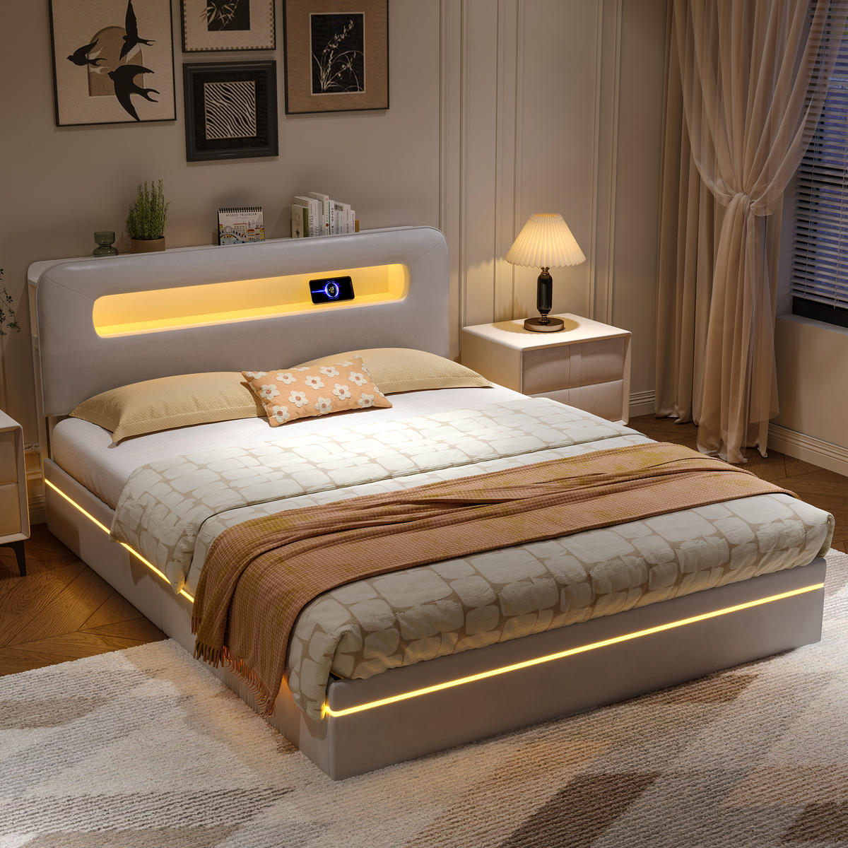 POLSTERBETT 160x200 cm LED Stauraum Lattenrost Ablagefach Samt beige - Weiß, Holz (160/200cm) - LEBENLANG