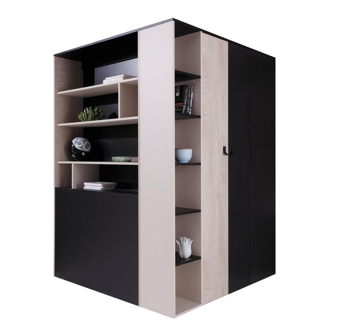 JUGENDZIMMER Space Set B mit Bett 90 x 200 - Schwarz-Eiche-Beige - Eichefarben/Beige, Holzwerkstoff (135/190/135cm) - QMM TraumMöbel