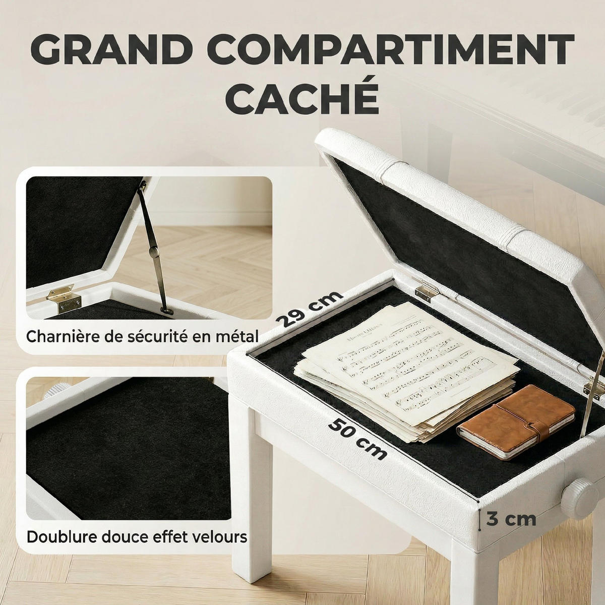 HOCKER DE-16462 höhenverstellbar mit integriertem Fach Weiß - Weiß, Leder (35/56/63cm) - ComfortXL