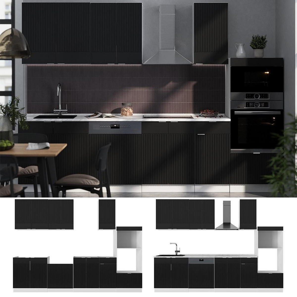 KÜCHENZEILE Fame-Line Schwarz gestreift/Weiß 300 cm mit Hochschrank, AP Marmor - Schwarz/Weiß, Holzwerkstoff (300/153.6/60cm) - Vicco