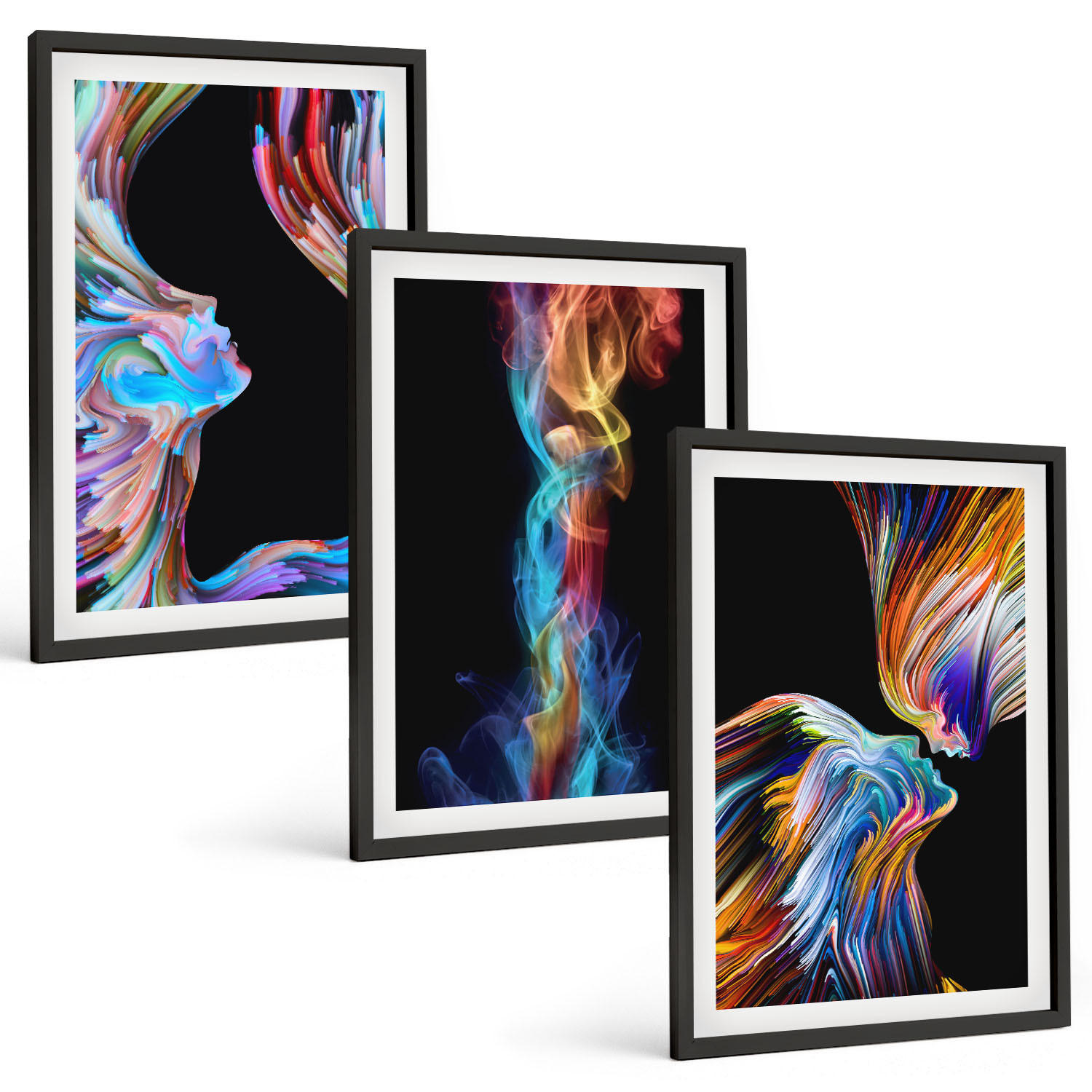 BILDER SET 3er Set - 40x60 cm Schwarzer Rahmen - Bunte abstrakte Gesichter - Schwarz, Kunststoff (40/60cm) - TULUP