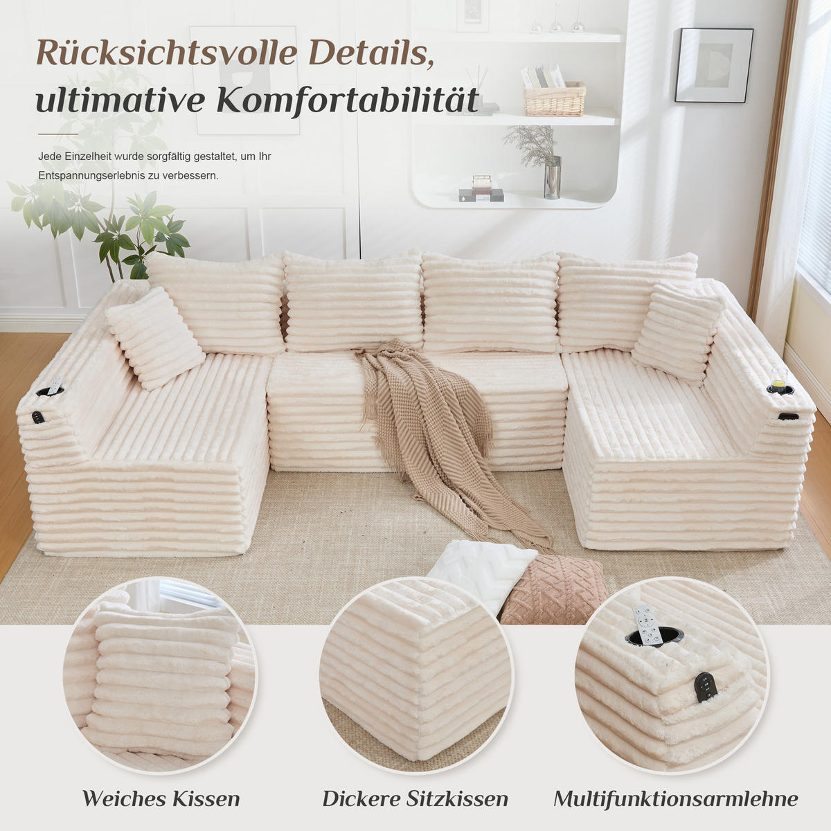 WOHNLANDSCHAFT 320/155/88 cm Beige mit Getränkehalter und Seitentasche - Beige, Textil (320/88/155cm) - Oxeza