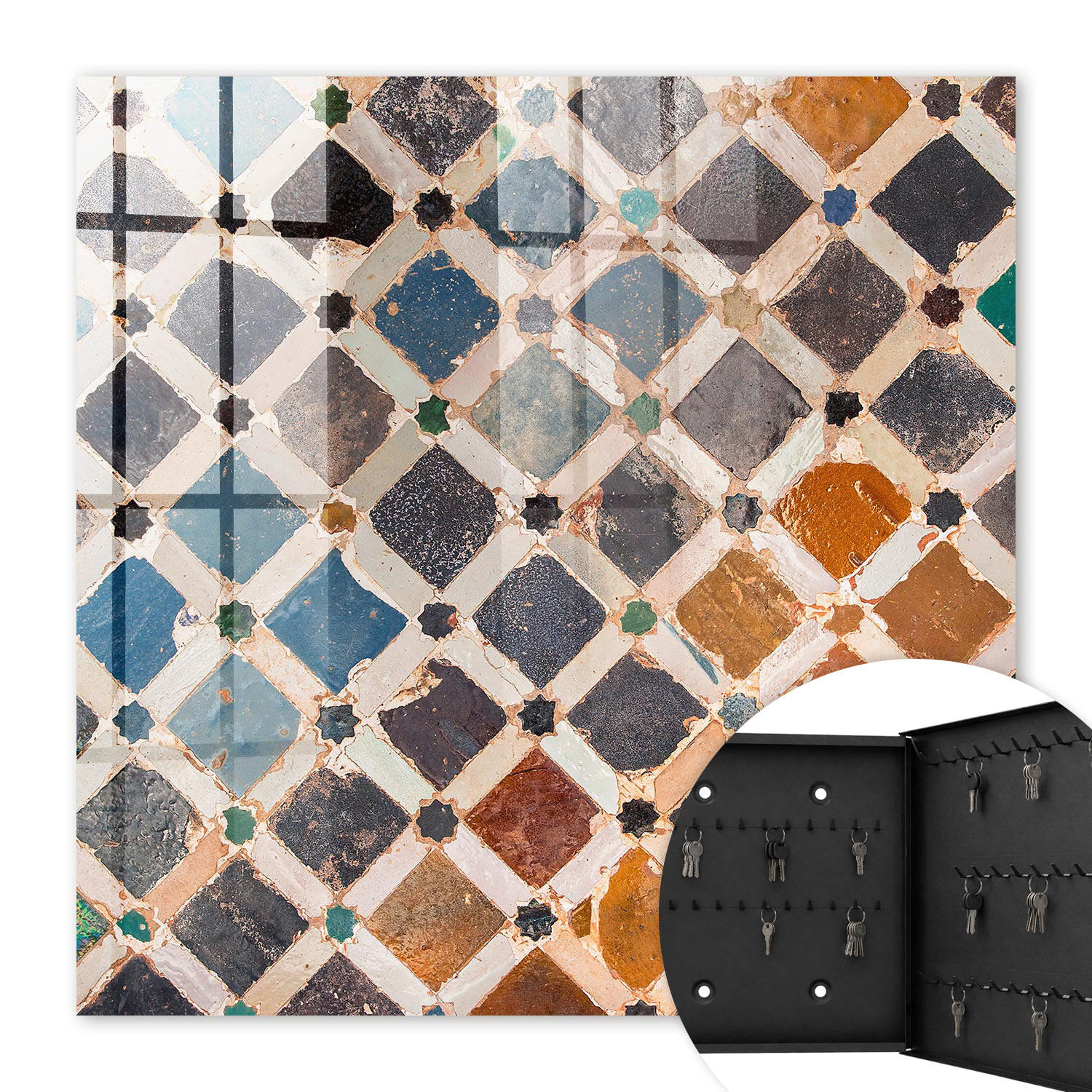 SCHLÜSSELBOX Schwarz 30x30 cm- Türöffnung nach rechts - Farbenfrohes Mosaik - Blau, Metall (30/30/5cm) - TULUP
