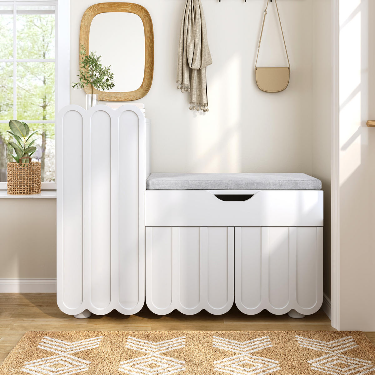 SCHUHSCHRANK 3 Türen Schublade Sitzpolster Weiß Platzsparend - Weiß, Holzwerkstoff (35/74.5/90cm) - FLIEKS