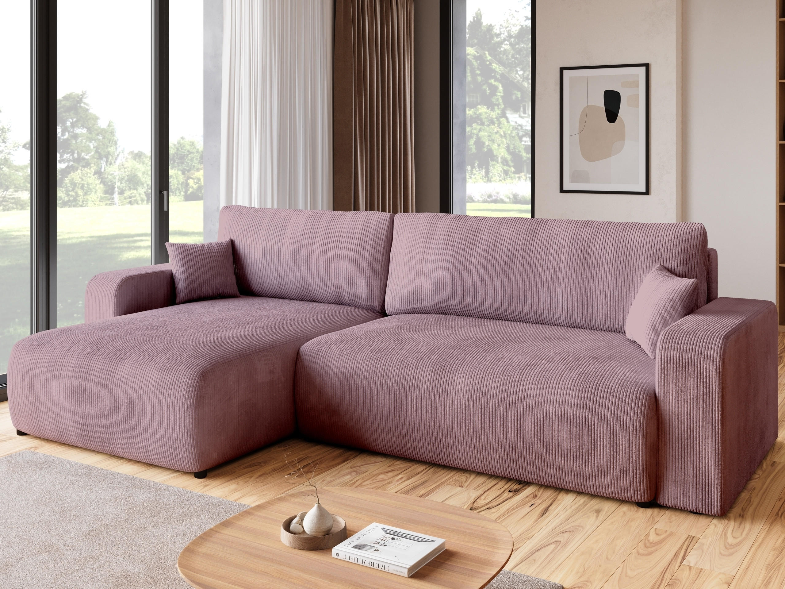 ECKSOFA PUMI XL mit Schlaffunktion Puderrosa Cord - Rosa, Textil (274/148cm) - Bromarkt