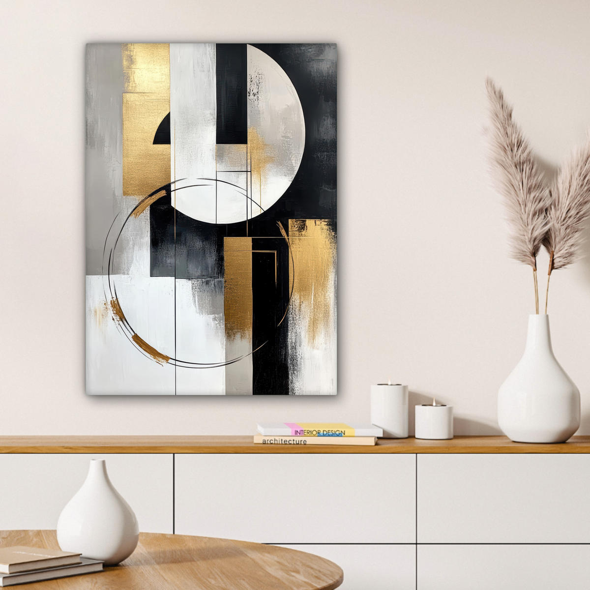 LEINWANDBILD - Abstrakt - Gold - Silber - Formen - Ästhetik - 60x80 - Gemälde - Multicolor, Textil (60/80cm) - MuchoWow