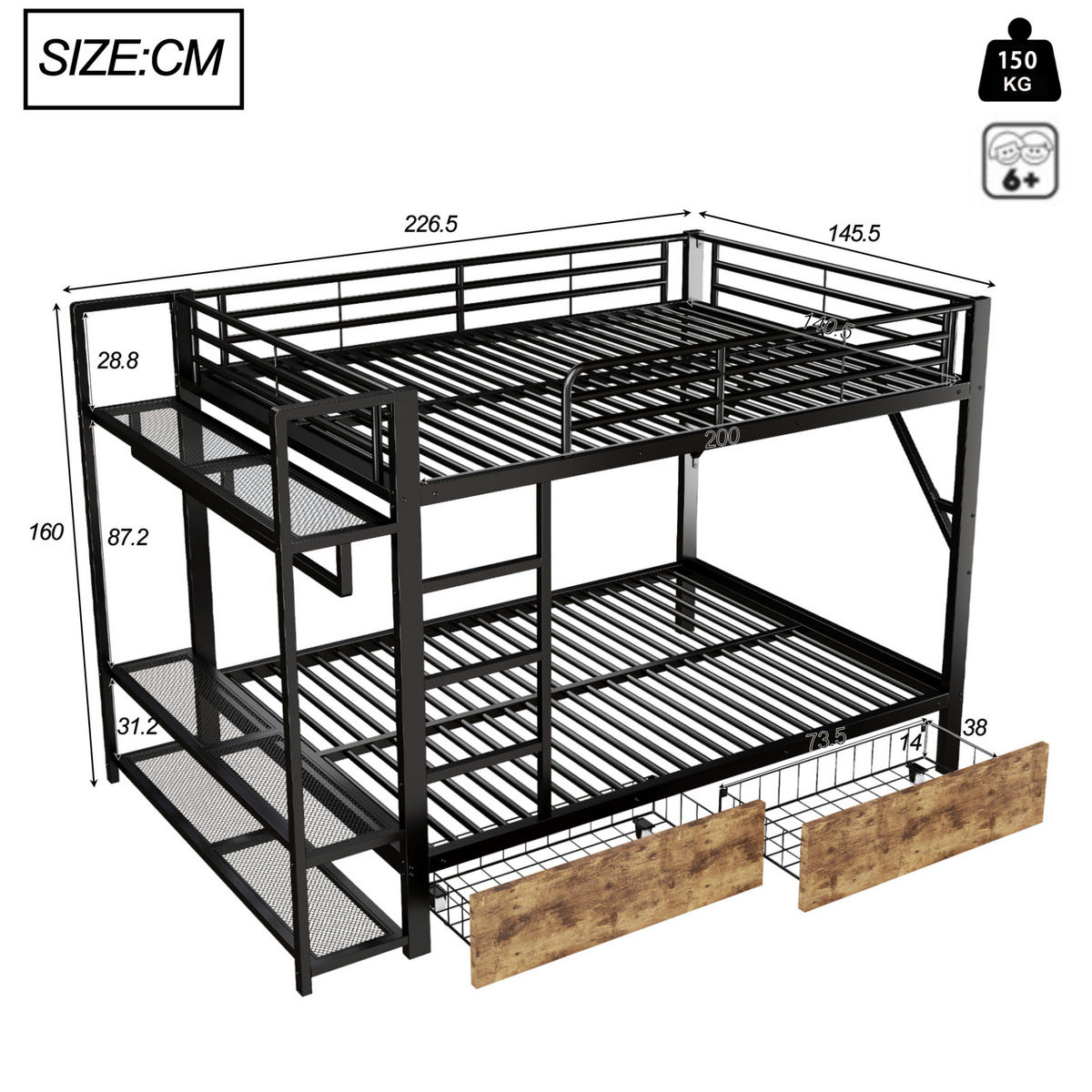 ETAGENBETT 140/200 cm Schwarz mit LED und Schubladen - Schwarz, Metall (140/200cm) - MIVRAY