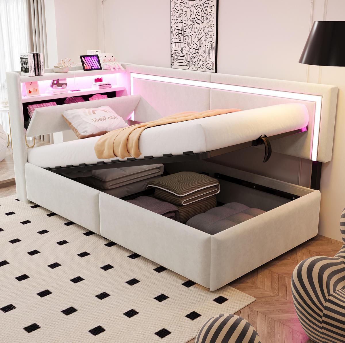 ROZKLADACIA posteľ 90/200 cm béžová zo zamatu s LED osvetlením USB portmi a úložným priestorom - béžová, textil (90/200cm) - OKWISH