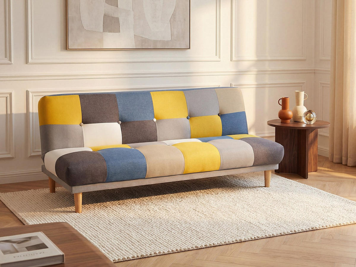 SCHLAFSOFA Klappsofa 3-Sitzer - Stoff - Patchwork Grau, Blau & Gelb - MARDAG - Multicolor, Textil (178/74/98cm) - Vente-Unique