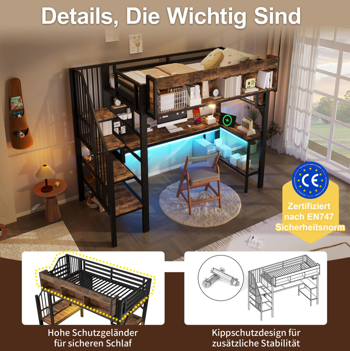 HOCHBETT 90/200 cm aus MDF und Eisen mit Eckschreibtisch und Stauraum Vintage Braun-Schwarz - Schwarz, Holz (90/200cm) - Modenvie