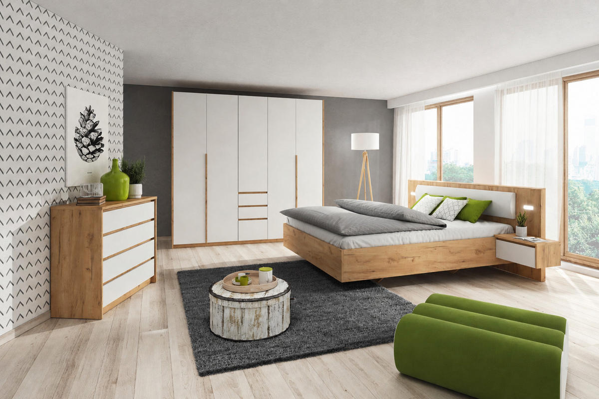 KLEIDERSCHRANK CORSA 225 cm Eiche Craft Gold / Weiß - Falttüren & 3 Schubladen - Eichefarben/Weiß, Holz/Holzwerkstoff (225/213/60cm) - Ravio