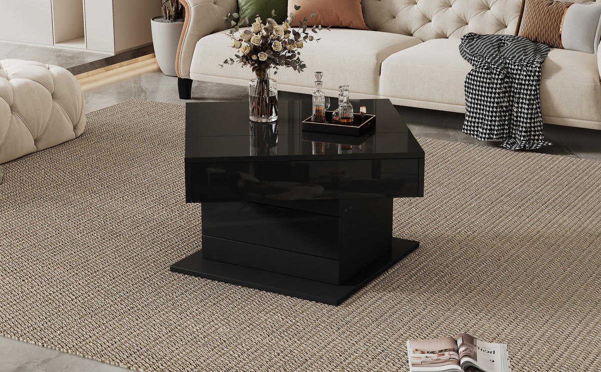 COUCHTISCH, drehbare Liftplatte, Hochglanz Schwarz, 1 Schublade & Stauraum, 70/70/45–59 cm,Schwarz - Schwarz, Holzwerkstoff (70/70/45cm) - Redom