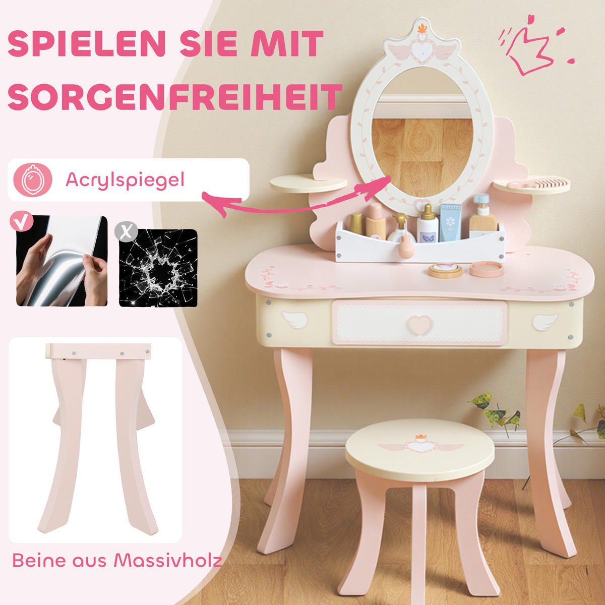 SCHMINKTISCH DE-10496 2-in-1 mit abnehmbarem Spiegel Rosa - Pink, Holzwerkstoff (59.8/89.8/29.6cm) - ComfortXL