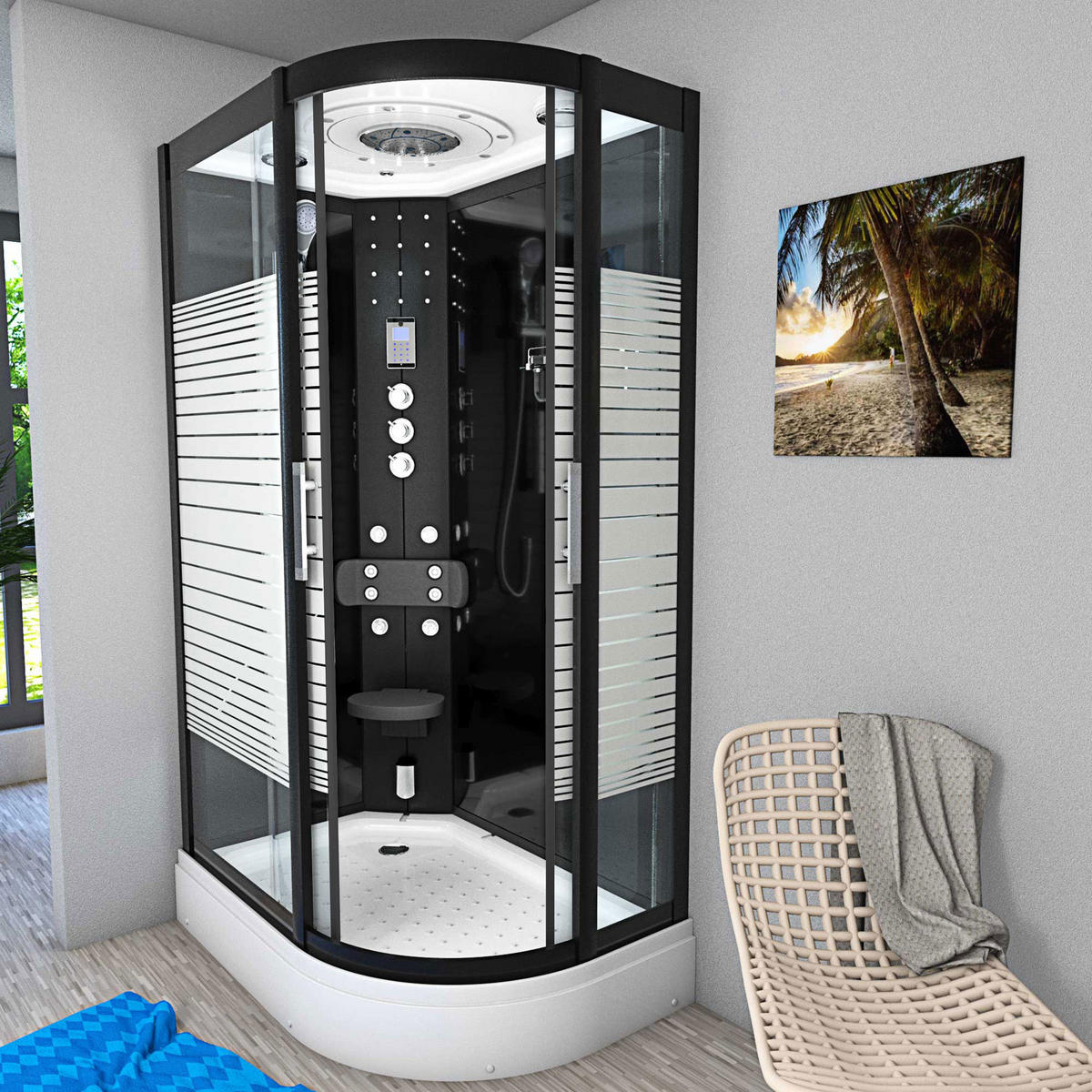 DUSCHKABINE Komplettdusche Dusche D30-73M1R-EC 80x120 cm - Schwarz, Glas/Kunststoff (80/120/215cm) - AcquaVapore by Sandra Jentho