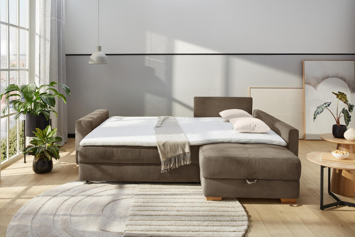 ROHOVÁ POHOVKA – PRO DLOUHODOBÉ SPÁNÍ: Boxspring, pružinová matrace, topper, úložný prostor, 257 × 206 × 85 cm (Š×H×V), hnědá kord / 15213 - hnědá, kompozitní dřevo (257/206cm) - luma-home